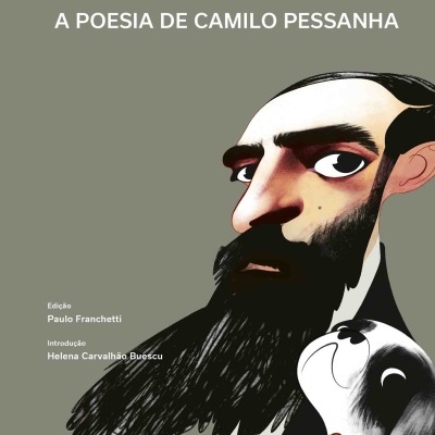 Capa de livro com ilustração de homem de barba com cão e texto em branco no fundo cinzento