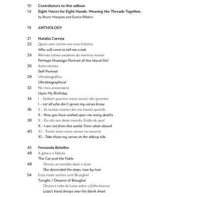 Contents page with titles and authors listed in English and Portuguese.