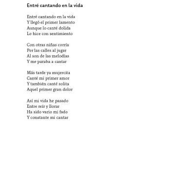 Page with Spanish poem titled Entré cantando en la vida and header MIS VERSOS, MI VOZ