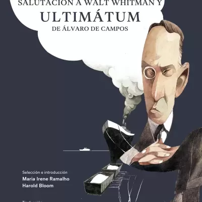 Book cover with caricature of a man and a ship, with Spanish and English text