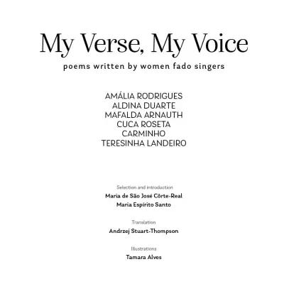 Title page of a bilingual book My Verse, My Voice with names of women fado singers and credits on white background