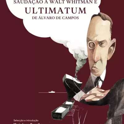 Book cover with caricature of a man in suit, a ship with smoke, and text by Fernando Pessoa and others
