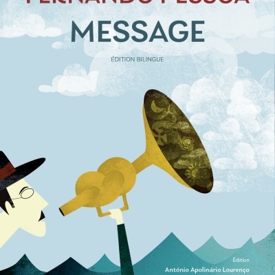 Capa do livro 'Message' de Fernando Pessoa com ilustração colorida e texto da edição bilingue.