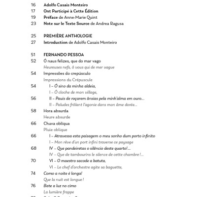 Índice de um livro com títulos em português e francês, texto em preto e fundo branco.