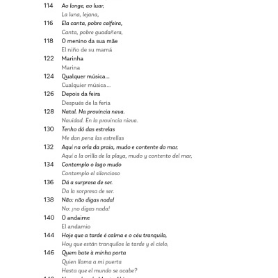 Página de livro com lista numerada de títulos em português e espanhol