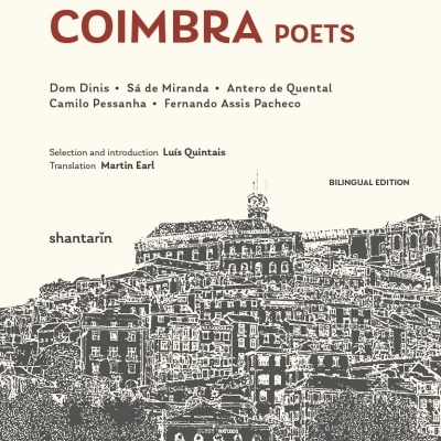 Book cover for Five Coimbra Poets with names and cityscape illustration.