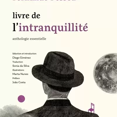 Book cover with title by Fernando Pessoa and illustration of man in hat, moon, chair, and smoke