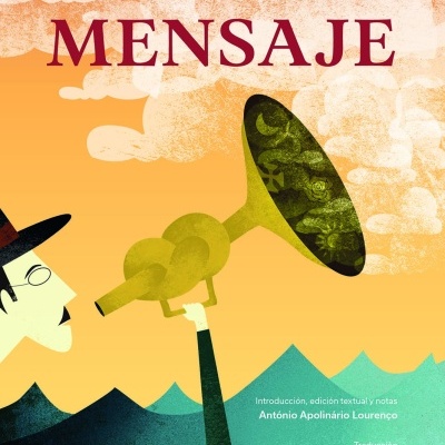 Capa de livro 'MENSAJE' de Fernando Pessoa com ilustração de homem e megafone verde