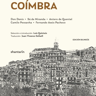 Book cover with title CINCO POETAS DE COÍMBRA and cityscape illustration