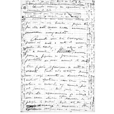 Página manuscrita em papel pautado com escrita cursiva e várias correções.