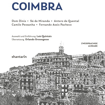 Capa de livro com título em alemão e desenho preto e branco da cidade de Coimbra