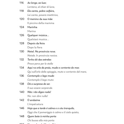 Página de livro com texto em português e italiano, números de página e títulos organizados textual