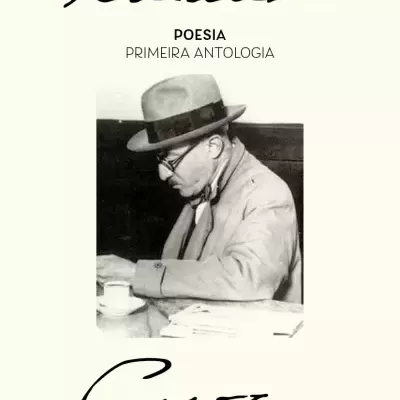 Book cover with sepia photo of man wearing hat and glasses at table, text reads Fernande POESIA PRIMEIRA ANTOLOGIA shantarín.