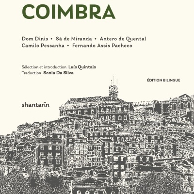Book cover titled CINQ POÈTES DE COIMBRA with cityscape illustration