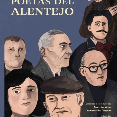 Capa de livro 'POETAS DEL ALENTEJO' com ilustrações de sete pessoas em fundo azul