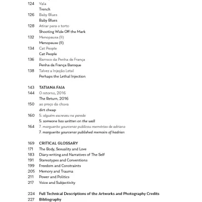 Table of contents page with numbered titles and black and italic text