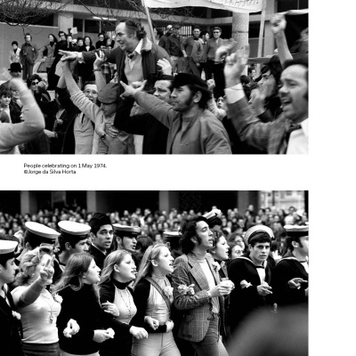 Fotografias a preto e branco de multidões em manifestações populares a 1 de maio de 1974.