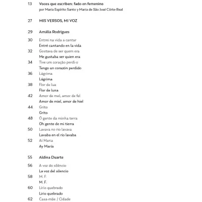 Table of contents for a bilingual book with poems and titles in Spanish and Portuguese