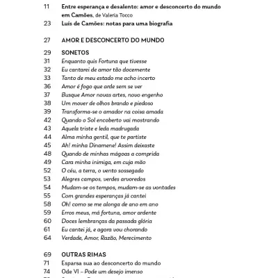 Table of contents page with Portuguese text and chapter listings