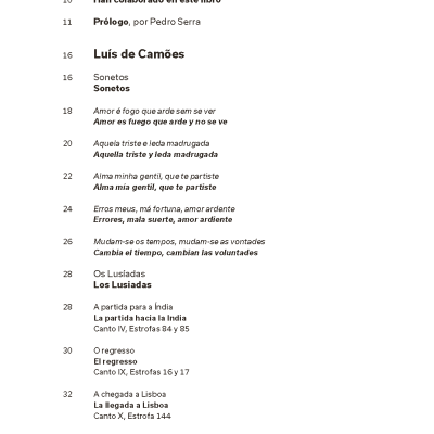 Página de índice de livro com texto em português e espanhol