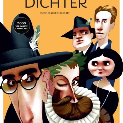 Capa de livro laranja com texto e ilustrações caricaturais de cinco pessoas