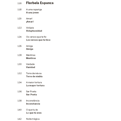 Página de livro com lista de títulos em português e espanhol