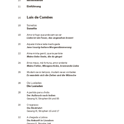 Página de índice de livro com títulos e listas em alemão e português