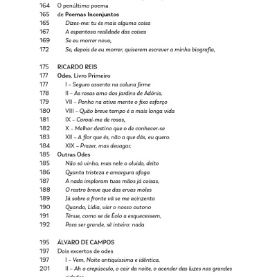 Página de livro com lista de poemas e capítulos, texto em português.