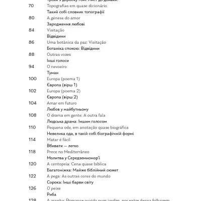 Bilingual table of contents page with Portuguese and Ukrainian titles and page numbers