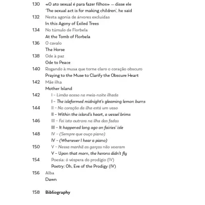 Page with poems and translations from Portuguese to English with numbered lines and titles.