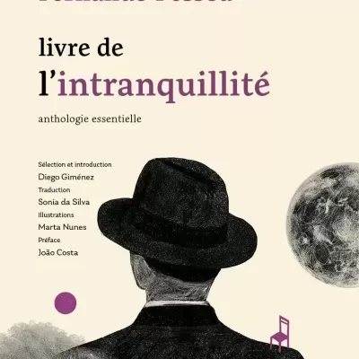 Book cover with man in black hat and coat, moon, smoke, and purple chair illustration