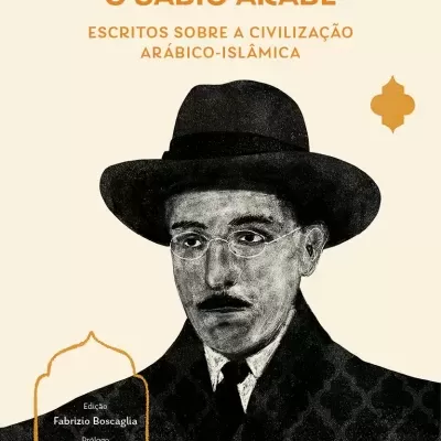 Book cover with sketch of man in black hat and glasses on cream background with orange text and decoration