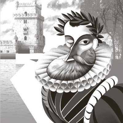 Ilustração renascentista preto e branco com castelo ao fundo