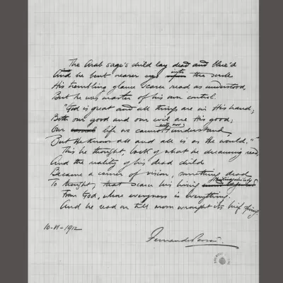Handwritten poem on white graph paper signed Fernando Pessoa with date and corrections