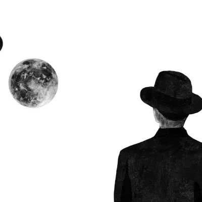 Illustration of Fernando Pessoa in a hat looking at moons, from Libro del desasosiego