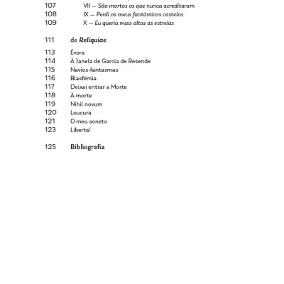 Page with a table of contents or index listing numbered sections and titles in Portuguese.