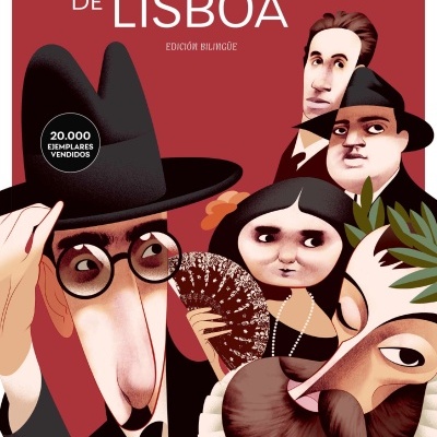 Capa do livro Poetas de Lisboa com ilustrações estilizadas de figuras e texto biográfico