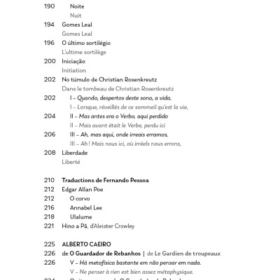 Página de índice de livro com títulos e autores em português e francês
