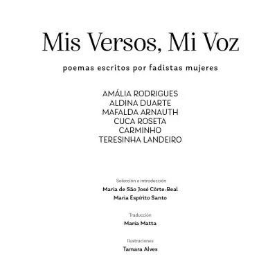 Bilingual book cover titled Mis Versos, Mi Voz with list of authors and contributors
