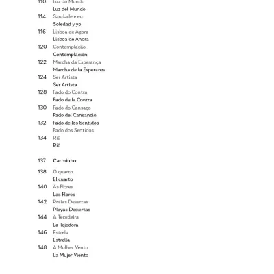 List of song or poem titles in Portuguese and Spanish on a white sheet