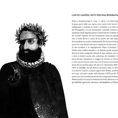 Illustrated portrait of Luís de Camões with ruffled collar and eyepatch next to Italian text.