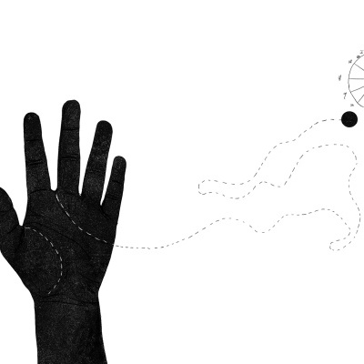 Luva preta com linhas tracejadas e círculo numerado ao fundo