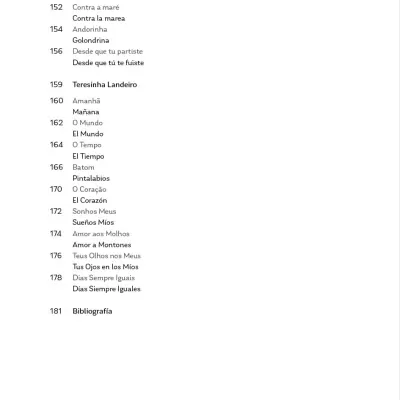 Book table of contents with chapter titles in Portuguese and Spanish and page numbers on white background