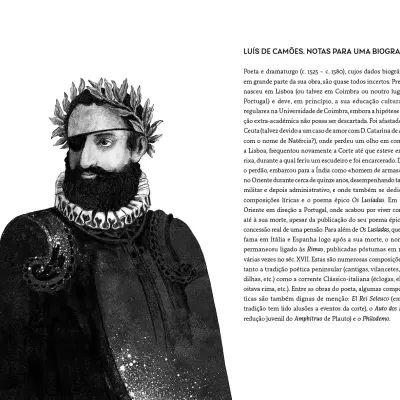 Black and white illustrated portrait of a man with laurel wreath and eyepatch with Portuguese text beside.