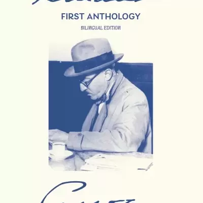 Book cover with blue photo of man reading and text FIRST ANTHOLOGY BILINGUAL EDITION Pessoa
