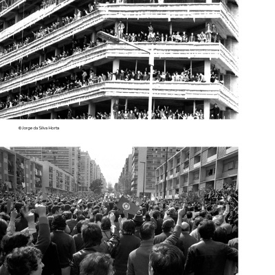 Duas imagens em preto e branco de multidões em edifícios e na rua