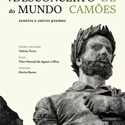 Book cover with statue of man wearing laurel wreath and text AMOR e DESCONCERTO do MUNDO LUÍS DE CAMÕES sonetos e outros poemas