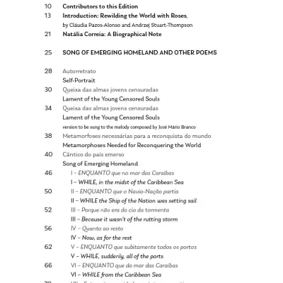 Page from a book showing table of contents with bilingual poem titles and sections.