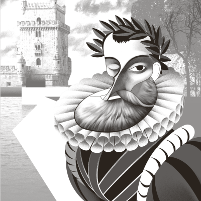 Ilustração preto e branco de figura renascentista estilizada com torre histórica ao fundo