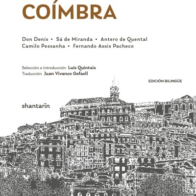 Capa de livro Cinco Poetas de Coimbra com desenho de edifícios